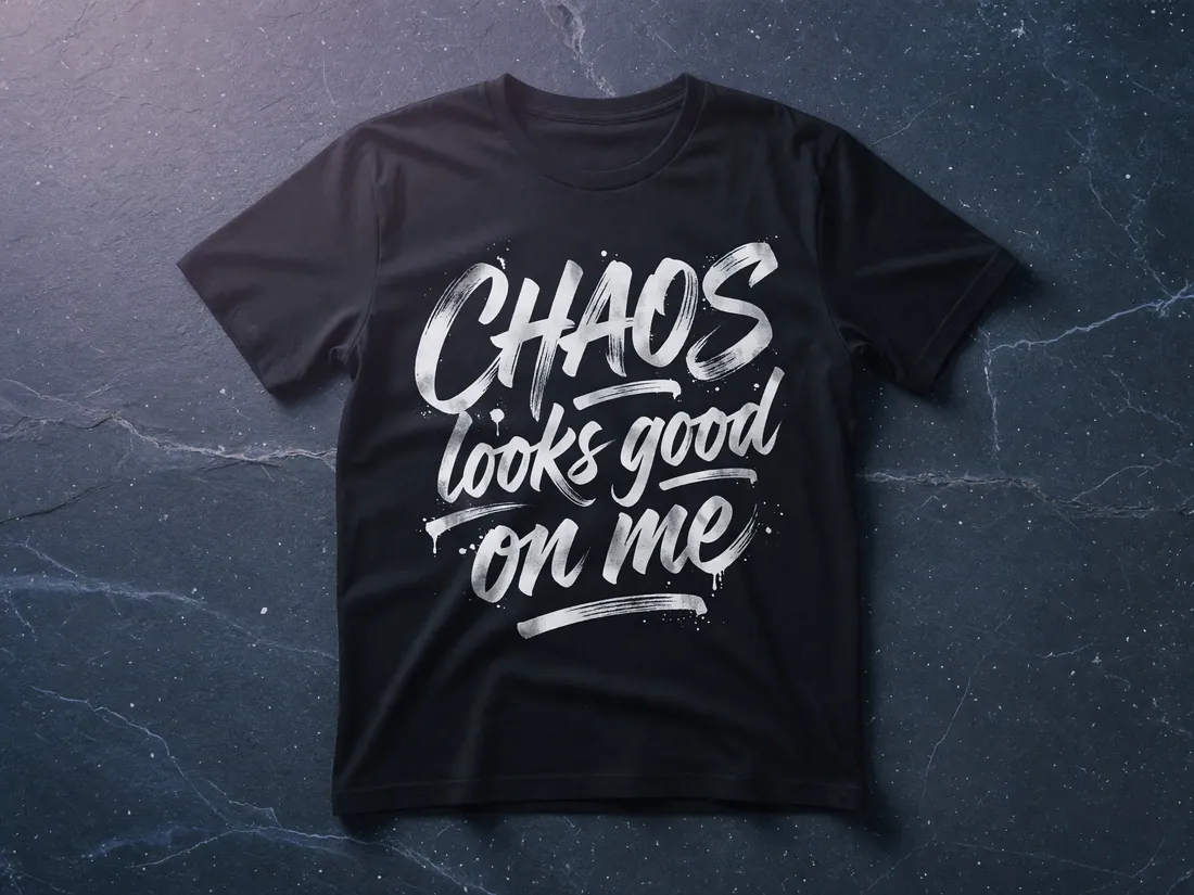 Black tee printed with brush lettering that reads Chaos looks good on me