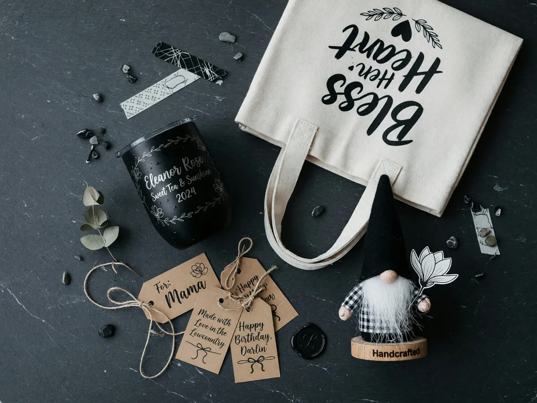 Personalized tumbler, tote, and gift tags on slate