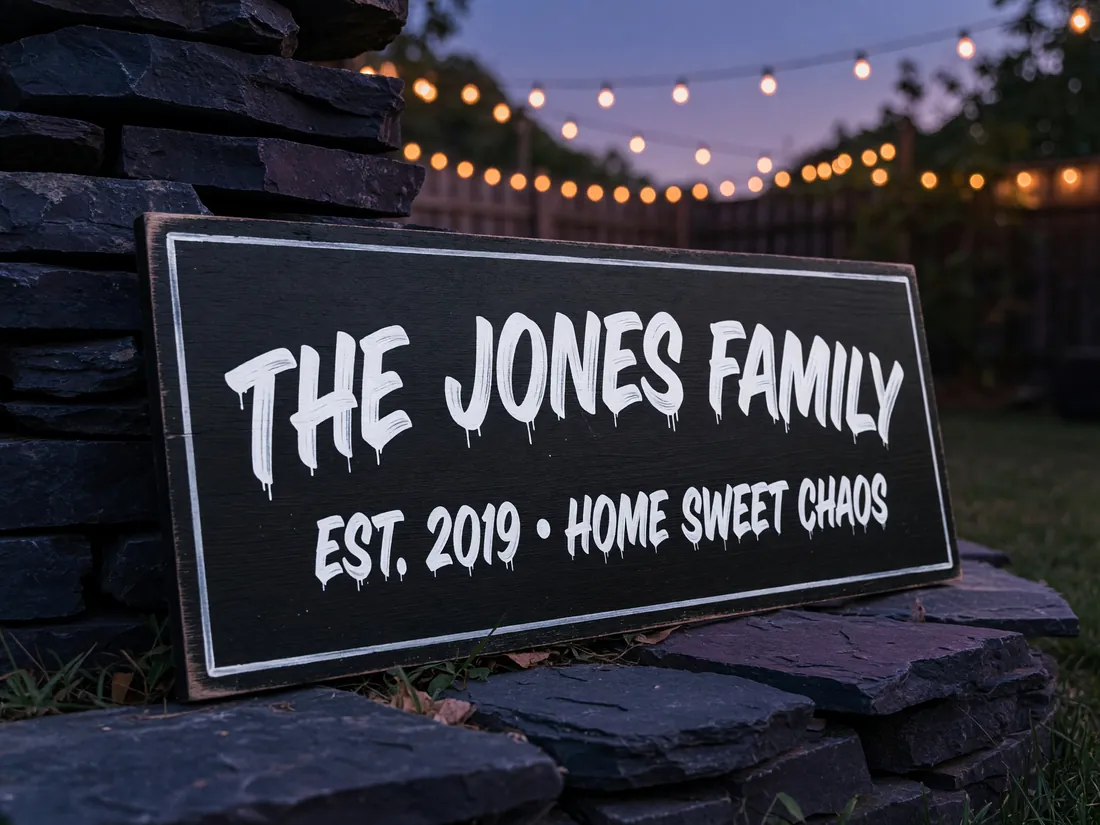 Hand-painted family name yard sign under string lights
